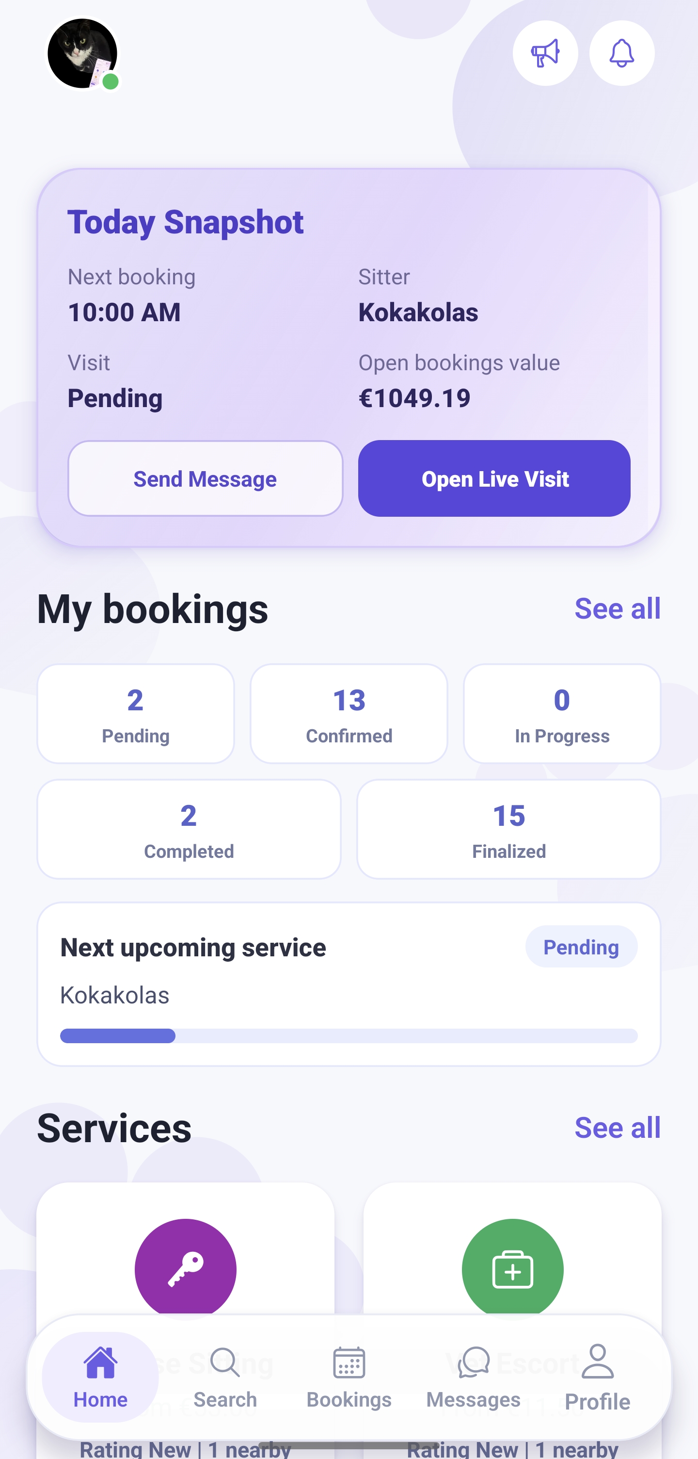 Petsly app on phone showing pet sitter search and booking for dog walking, pet boarding and house sitting in Cyprus